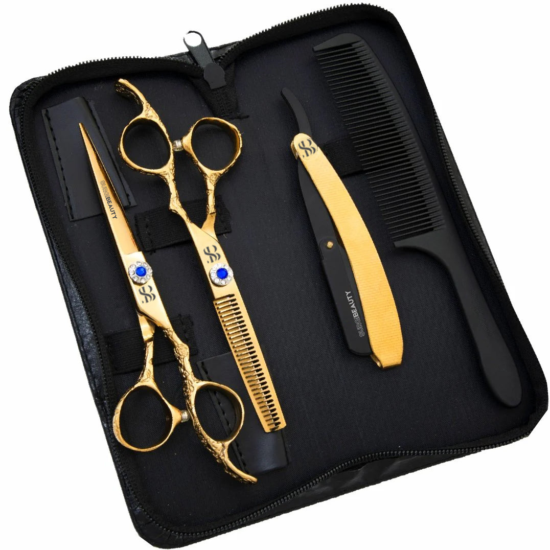 AISI J2/420/440c Steel, GOLD DRAGON LINE 6.0" HAIRDRESSING SCISSORS Combo SET, The Precision Edge" Barber Scissors  Surgi beauty  salon tools  Razor Scissors  Grooming Tools  Grooming Scissors  Crafted Barber Scissors  Barber Thining Scissors  Barber Shears  Barber Scissors Set  Barber Scissors, Brazil  Canada  Chile  Europe  France  Germany  Mexico  Middle East  North America  Paris  South Africa  United Kingdom  USA  Spain