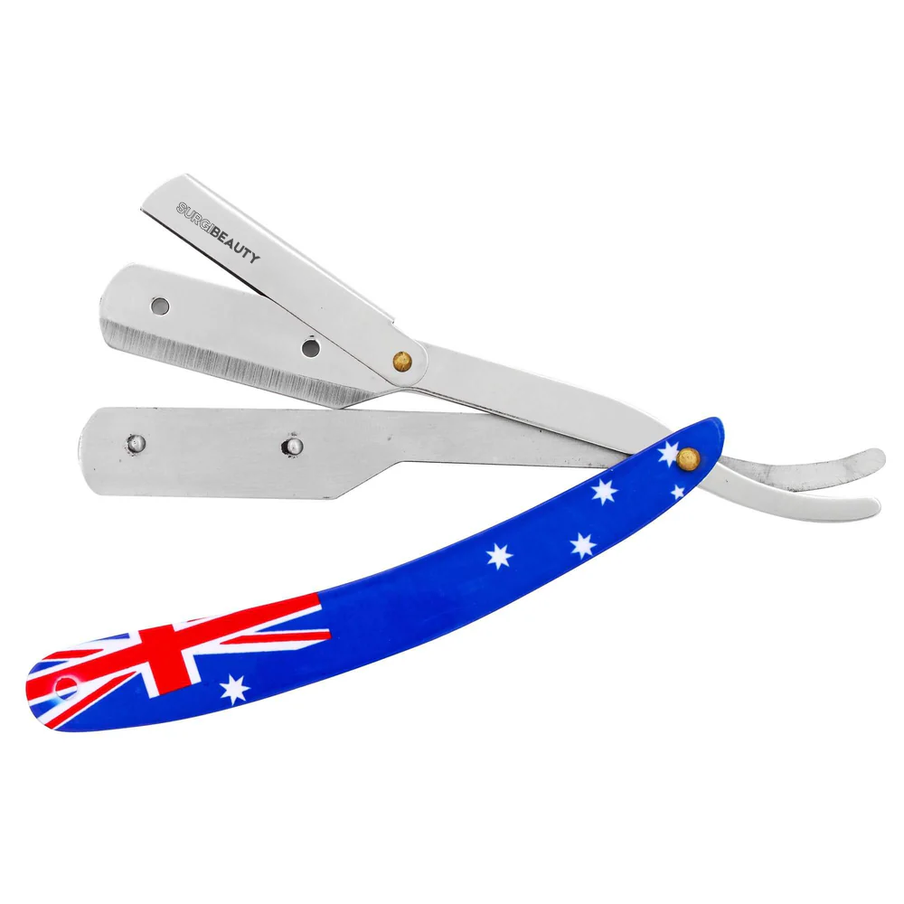 SURGI BEAUTY AUSTRALIAN FLAG SINGLE BLADE STRAIGHT RAZOR,Surgi beauty  Single Blade Razor  salon tools  Grooming Tools  Barber Razors  AISI J2/420