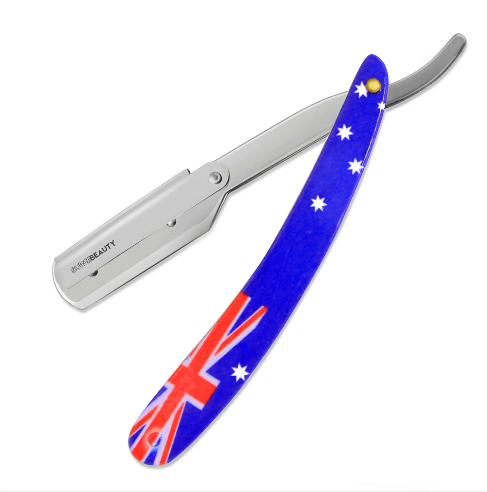 SURGI BEAUTY AUSTRALIAN FLAG SINGLE BLADE STRAIGHT RAZOR,Surgi beauty  Single Blade Razor  salon tools  Grooming Tools  Barber Razors  AISI J2/420