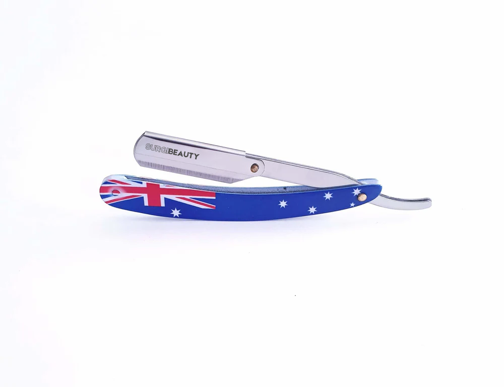 SURGI BEAUTY AUSTRALIAN FLAG SINGLE BLADE STRAIGHT RAZOR,Surgi beauty  Single Blade Razor  salon tools  Grooming Tools  Barber Razors  AISI J2/420