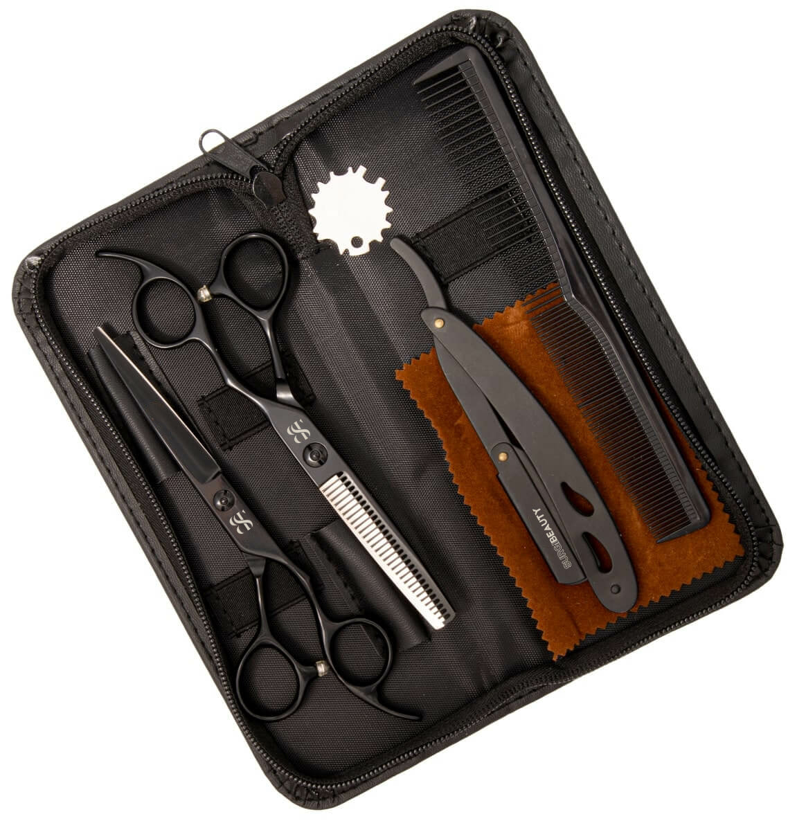 SURGI BEAUTY CLASSIC MATTE BLACK SET, The Precision Edge" Barber Scissors  Surgi beauty  salon tools  Razor Scissors  Grooming Tools  Grooming Scissors  Crafted Barber Scissors  Barber Thining Scissors  Barber Shears  Barber Scissors Set  Barber Scissors AISI J2/420, AISI 440C High Carbon Steel, Brazil  Canada  Chile  Europe  France  Germany  Mexico  North America  Paris  South Africa  United Kingdom  USA