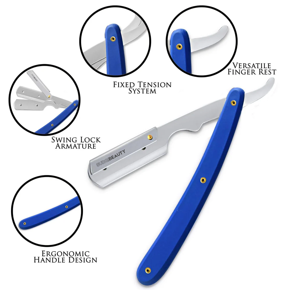 SURGI BEAUTY PROFESSIONAL SINGLE BLADE STRAIGHT RAZOR WITH BLUE HANDLE, Surgi beauty  Single Blade Razor  salon tools  Grooming Tools  AISI J2/420  AISI 440C Steel