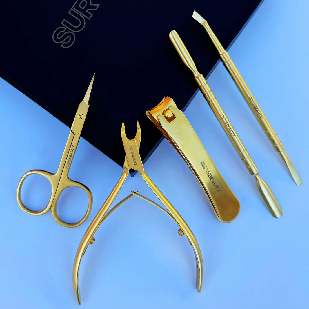 SURGI BEAUTY Professional 5-Piece Manicure Kit Gold, Manicure & Pedicure Kit, Salon Tool, Grooming Tool, Cutical Pusher, Cutical Pusher, Brazil Canada Chile Europe France Germany Mexico Middle East North America Paris South Africa United Kingdom USA Spain