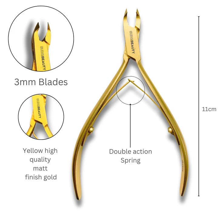 SURGI BEAUTY Professional Cuticle Cutter Gold 3mm JawBlades - Double Spring, Surgi beauty  salon tools  Ingrow Nail Cutter  Grooming Tools  Cuticle Nipper  AISI J2/420  AISI 440C Steel, Brazil  Canada  Chile  Europe  France  Germany  Mexico  Middle East  North America  Paris  South Africa  Spain  USA  United Kingdom