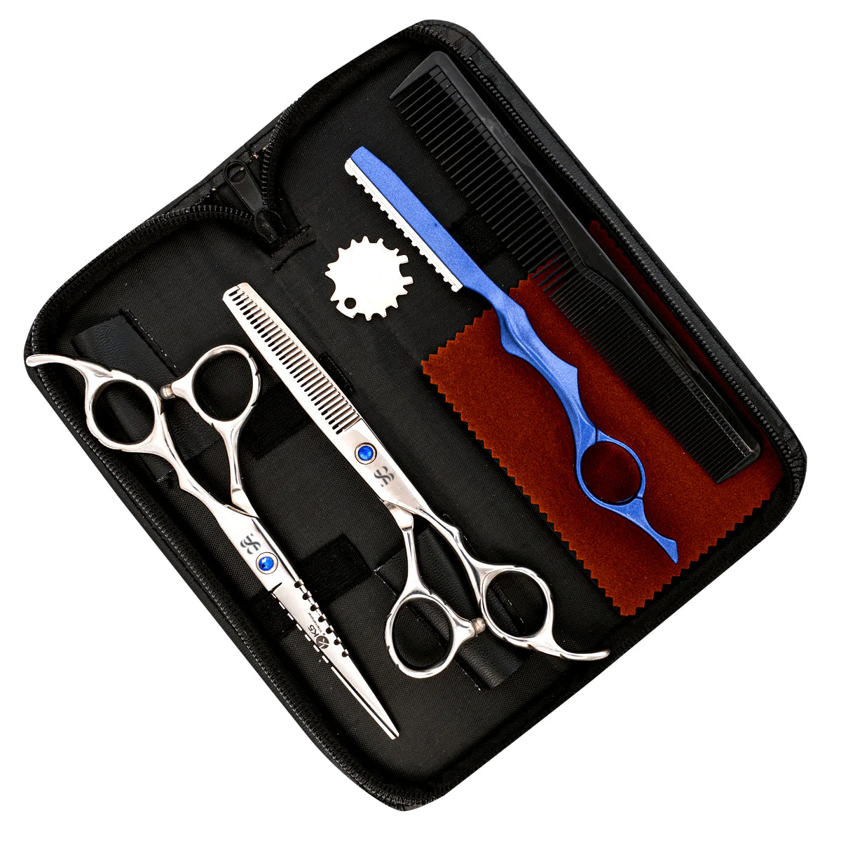 SURGI BEAUTY RIGHT HANDED BLUE CRYSTAL 6.0" BARBER THINNING SCISSORS SET, The Precision Edge" Barber Scissors  Surgi beauty  salon tools  Razor Scissors  Grooming Tools  Grooming Scissors  Barber Thining Scissors  Barber Shears  Barber Scissors Set  Barber Scissors AISI J2/420, 440C High Carbon Steel. Brazil  Canada  Chile  Europe  France  Germany  Mexico  North America  Paris  South Africa  United Kingdom  USA