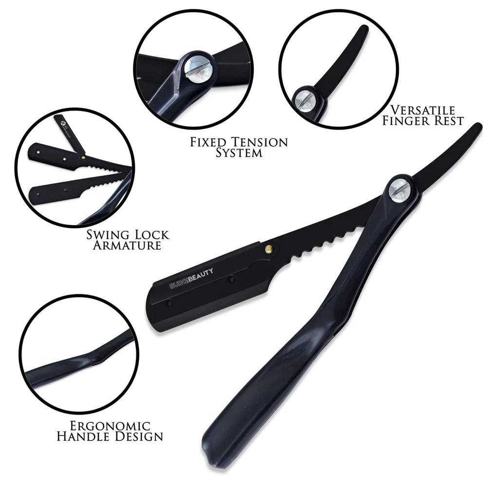 SURGI BEAUTY SLICK PROFESSIONAL CUT THROAT BLACK SINGLE BLADE RAZOR, Surgi beauty  Single Blade Razor  salon tools  Grooming Tools  Barber Razors  AISI J2/420