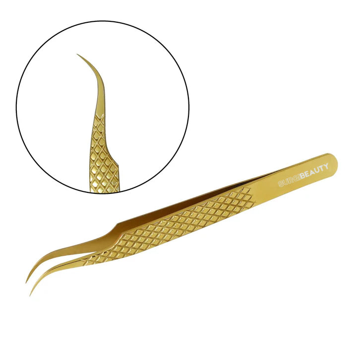 SURGY BEAUTY Eyelash Tweezer Curved - Gold, AISI J2/420 Steel, Salon Tool, Eyelash Tweezer, Grooming Tweezer, Iconic Tweezer, Brazil  Canada  Chile  Europe  France  Germany  Mexico  Middle East  North America  Paris  South Africa  Spain  USA  United Kingdom